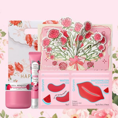 Quà tặng sẵn sàng! Bộ quà tặng chăm sóc da QUIYUM Rosehip - Dành cho mặt mềm mại & mắt mịn màng, mặt nạ dưa hấu & thẻ hoa hồng (Valentine / Sinh nhật)
