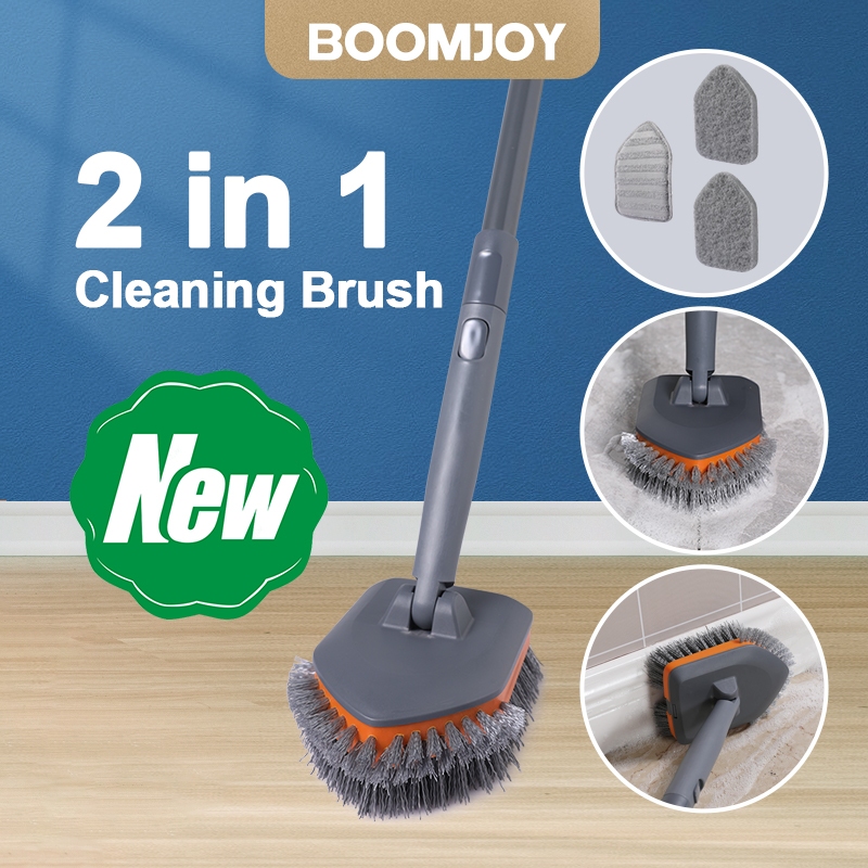 BOOMJOY Bộ bàn chải làm sạch vòi hoa sen và máy chà sàn bồn tắm với tay cầm dài có thể mở rộng 58 ”, bàn chải làm sạch phòng tắm với 2 miếng cọ rửa và một miếng lót sợi nhỏ, màu xám