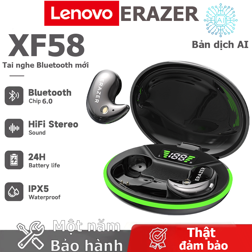Tai nghe dịch thuật Lenovo ERAZER XF58 AI Tai nghe ngủ không dây LED Bluetooth 6.0 AI Tai nghe dịch thời gian thực IPX7 Tai nghe nhét tai chống nước Chất lượng âm thanh HIFI | BigBuy360 - bigbuy360.vn