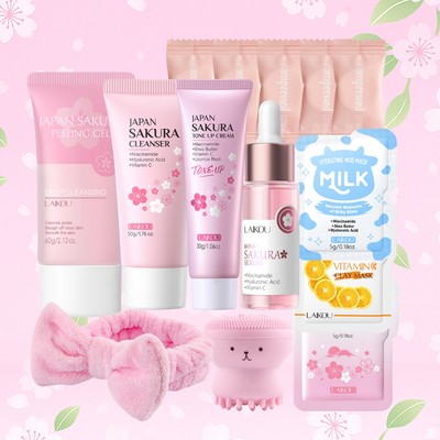 Bộ phát sáng LAIKOU Sakura & Vitamin C | Kem dưỡng tông màu làm sáng tức thì, Serum tinh chỉnh lỗ chân lông & tẩy tế bào chết cho da xỉn màu