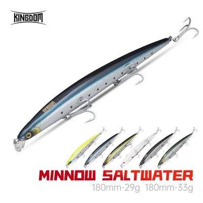Mồi Câu Cá Biển Vương Quốc 180mm 29g / 33g Minnow Nổi & Chìm ABS Mồi Cứng Wobblers Mồi Câu Cá Nhân Tạo VMC Móc Câu Cá Đúc Dài SwimBait Cho Pike Sea Bass