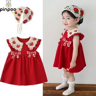  Pinpoo Sơ Sinh Cho Bé Gái Tết Nguyên Đán Ren Đỏ Dâu Váy Trẻ Em 0-24M 