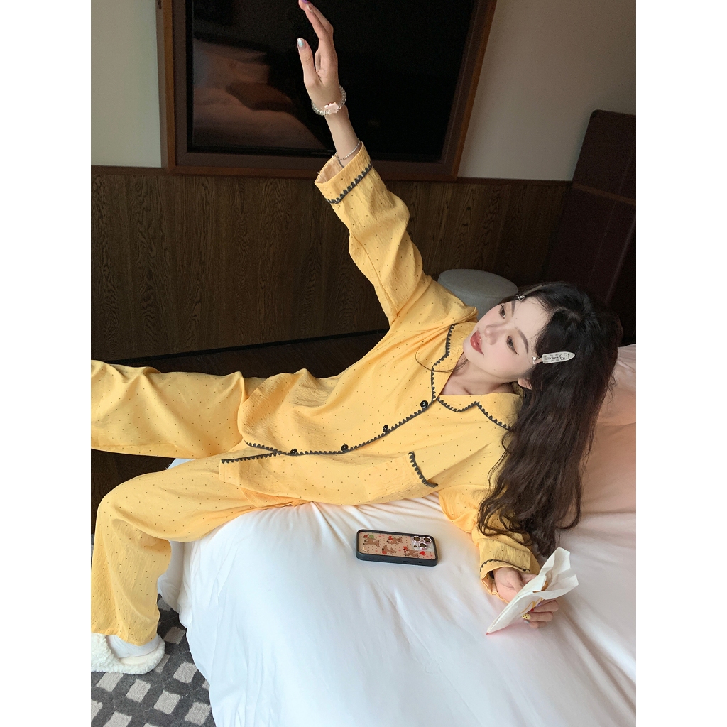 OLOEY bộ đồ ngủ Tay áo dài cotton pijama đồ mặc nhà nữ