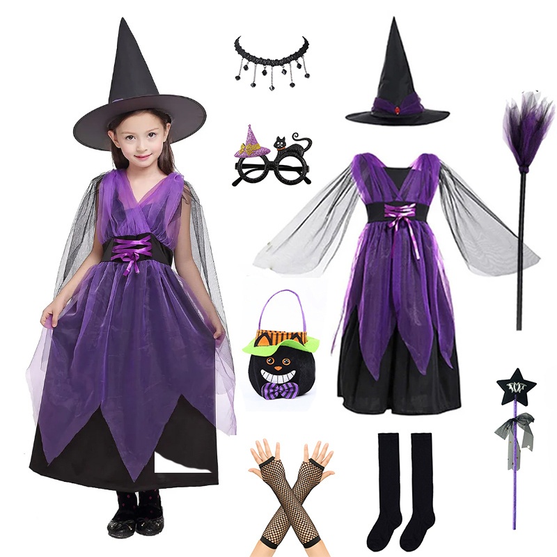 8pcs/Set Girls Purple Witch Dress + Hat Kids Halloween Costume Children Birthday Party Dress Mesh Wi