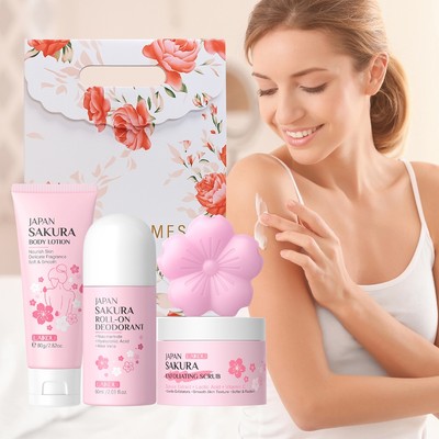 [Quà tặng hoàn hảo] Bộ quà tặng chăm sóc cơ thể LAIKOU Japan Sakura 5 trong 1 - Bộ dưỡng da mịn màng dưỡng ẩm, tẩy tế bào chết để tẩy tế bào chết, khử mùi cho sự tươi mát + Túi quà tặng