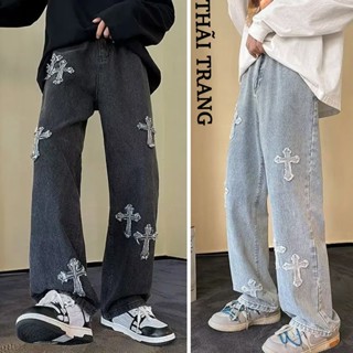 Quần bò nam baggy chữ thập thêu quần jean nam hoạ tiế ống suông rộng xanh đen american high street hàn quốc phong cách xu hướng quần dài jean Unisex nam nữ hottrend 