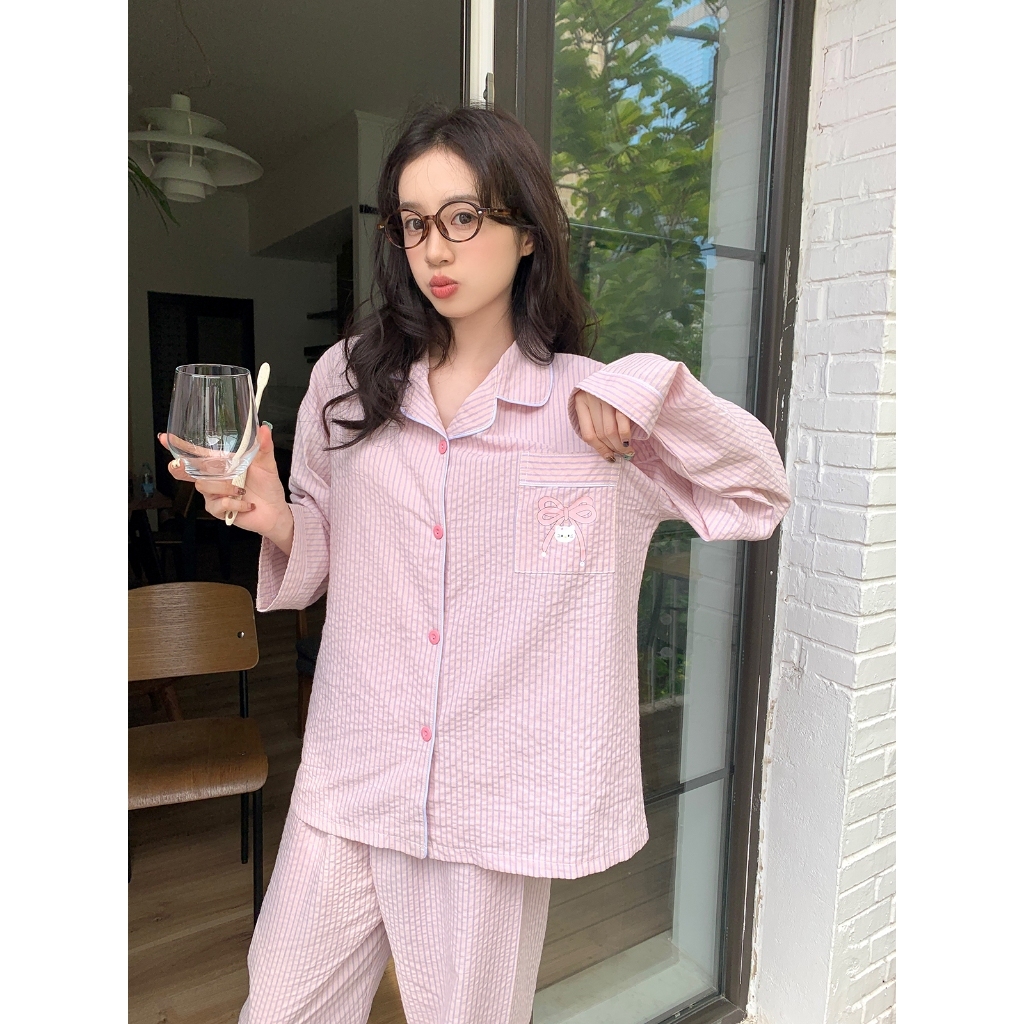 Bộ đồ ngủ Tay áo dài cotton pijama đồ mặc nhà nữ