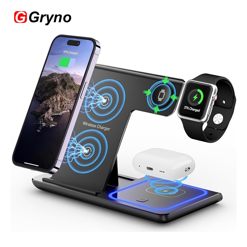 Gryno 3 Trong 1 Có Thể Gập Lại Từ Tính Không Dây 15W Sạc Nhanh USB-C Đứng Có Đèn Cho iPhone 15, 14, 