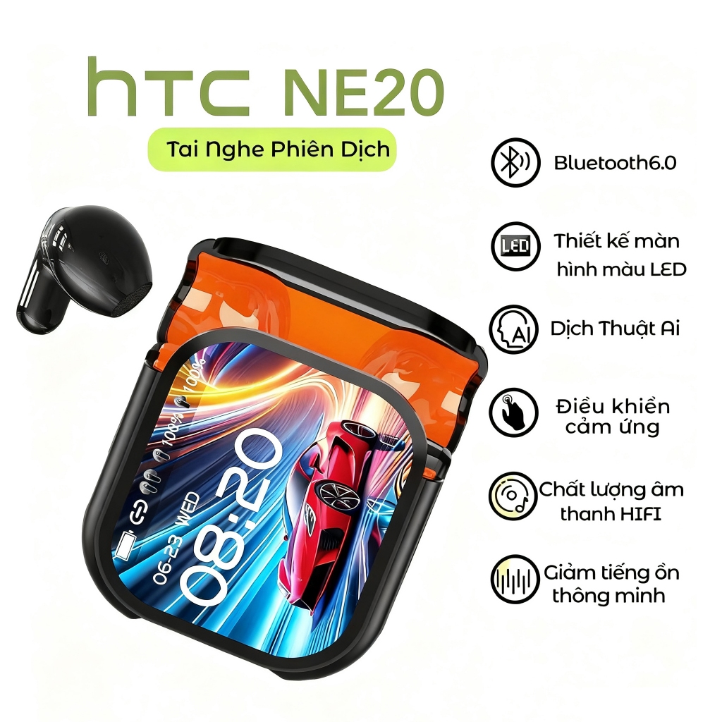 Tai nghe thông minh HTC NE20 AI Dịch thời gian thực Bluetooth 6.0 Kết nối trực tiếp Màn hình LED thông minh Công nghệ giảm tiếng ồn chất lượng âm thanh Hi-Fi