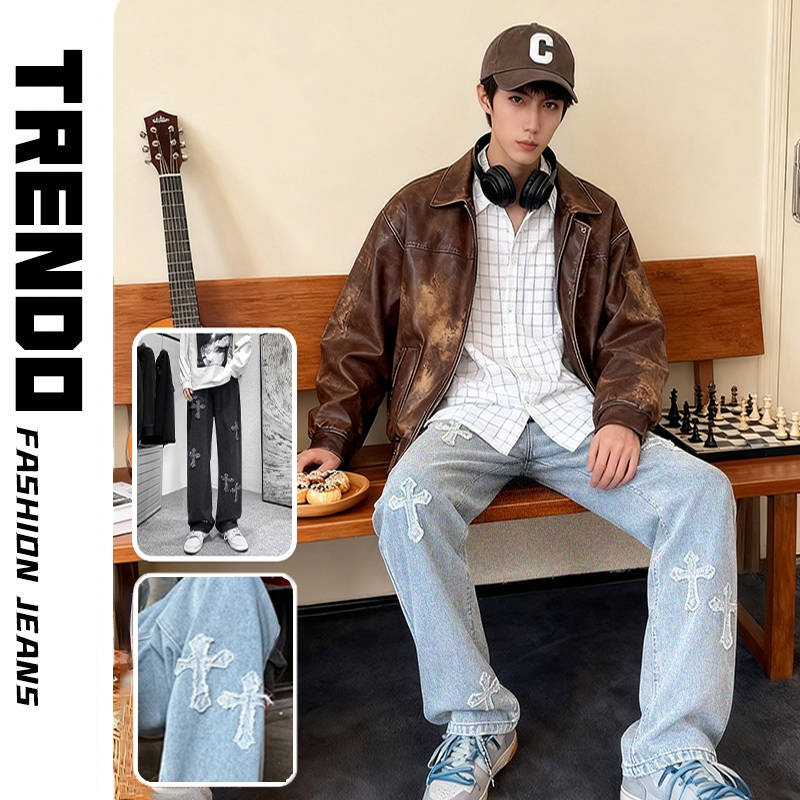『Trendo』quần jean ống rộng chữ thập thêu da cao cấp quần jean nam CẠP CAO ống suông rộng, quần bò ống rộng nam chữ thập vải jeans bò xanh wide leg Unisex nam nữ quần baggy nam ngầu hoạ tiết quần hiphop boy phố