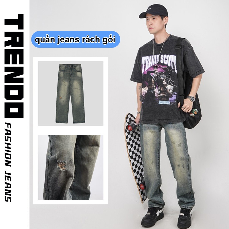 『Trendo』Quần jean nam ống suông rách gối dáng baggy màu xanh trắng nhạt mài xước đùi đẹp Quần jean r