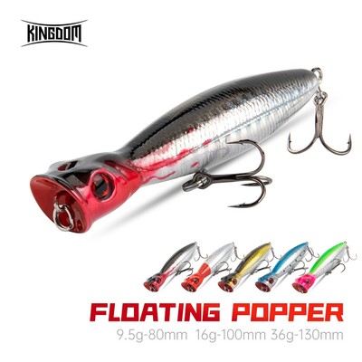 Kingdom TopWater Popper Mồi Câu Cá Nổi 80mm / 9.5g 100mm / 16g 130mm / 36g Mồi Cứng Nhân Tạo Wobblers Mồi Câu Cá Chuyên Nghiệp Cho Cá Rô Bass Pike Barracuda Cá Hồi