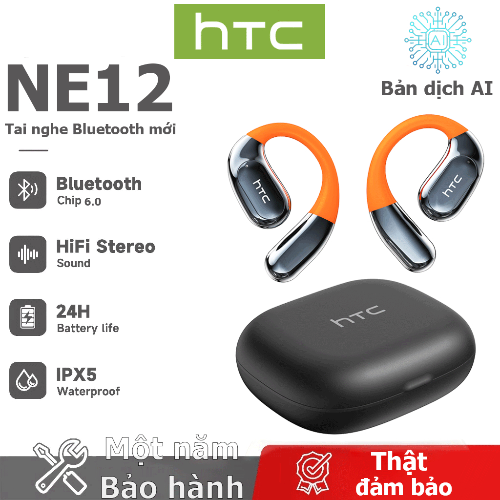 Bảo hành một năm HTC NE12 AI Dịch thuật thời gian thực Tai nghe BluetoothTWS Bluetooth 6.0 Chất lượng âm thanh HiFi IPX5 Tai nghe không dây chống nước | BigBuy360 - bigbuy360.vn