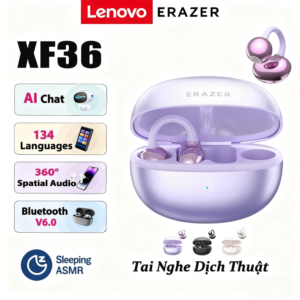 Tai nghe dịch thuật thông minh Lenovo ERAZER XF36 AI Tai nghe BluetoothV6.0  360°ACS Âm thanh vòm Tai nghe kẹp thời trang Tai nghe không dây khử tiếng ồn thông minh | BigBuy360 - bigbuy360.vn
