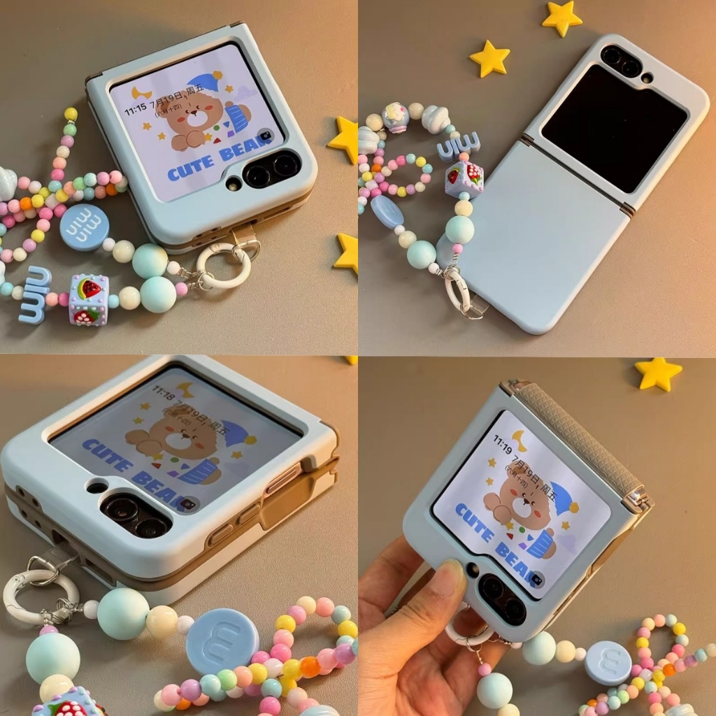 Ốp lưng điện thoại Samsung Z Flip 5/Z Flip 6/Z Flip 7 (Xanh nhạt) kèm dây đeo dễ thương, ngọt ngào v