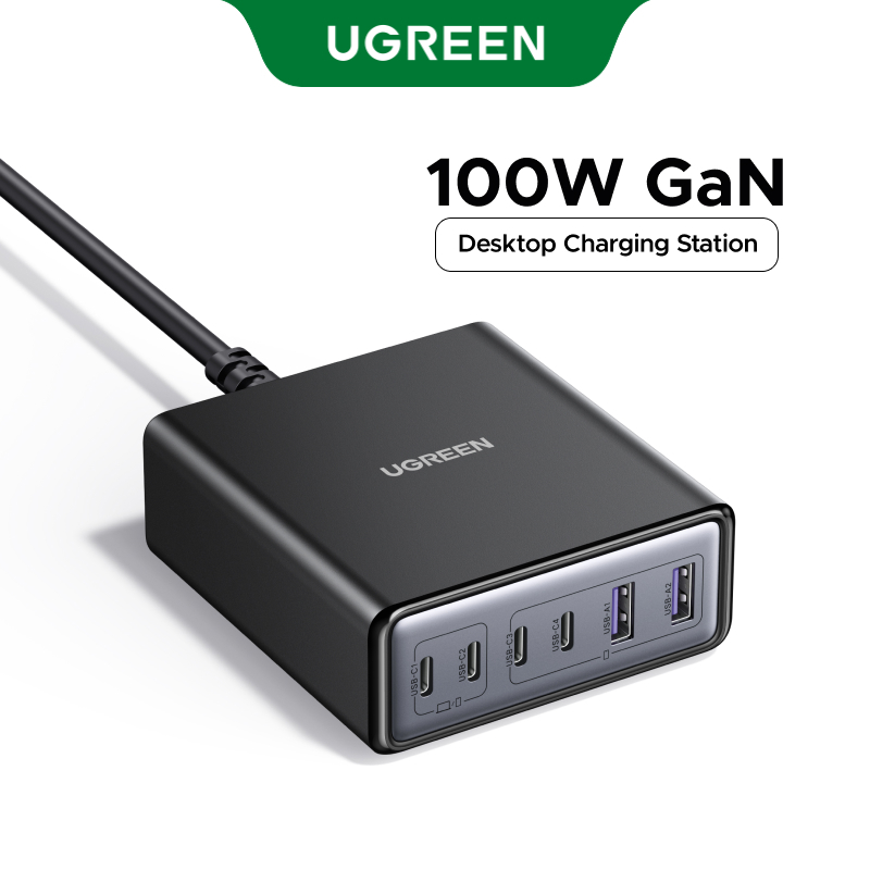 Trạm sạc USB C UGREEN 100W, Bộ sạc máy tính để bàn GaN 6 cổng với 4 USB-C & 2 USB-A, Phân phối điện 