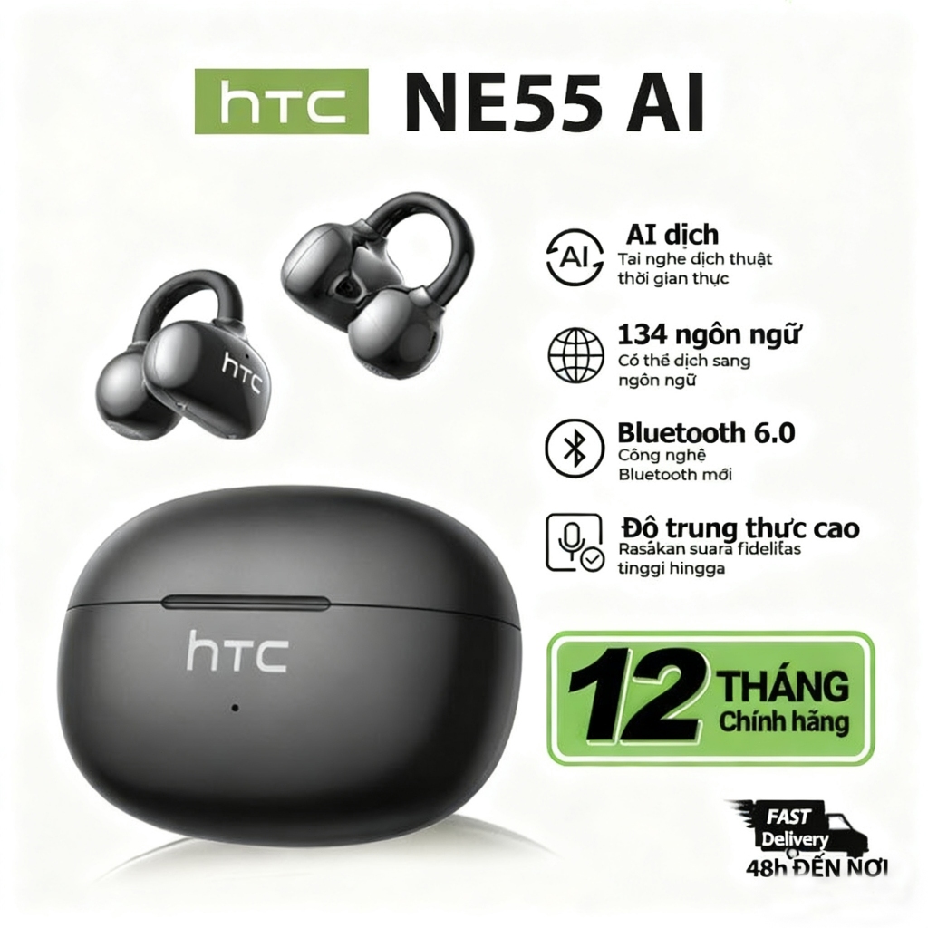 Tai nghe dịch thuật Bluetooth 6.0 HTC NE55 AI hỗ trợ phụ đề thời gian thực, cuộc gọi HD và chức năng giảm tiếng ồn có khả năng chống nước cấp IPX4 được trang bị micro | BigBuy360 - bigbuy360.vn