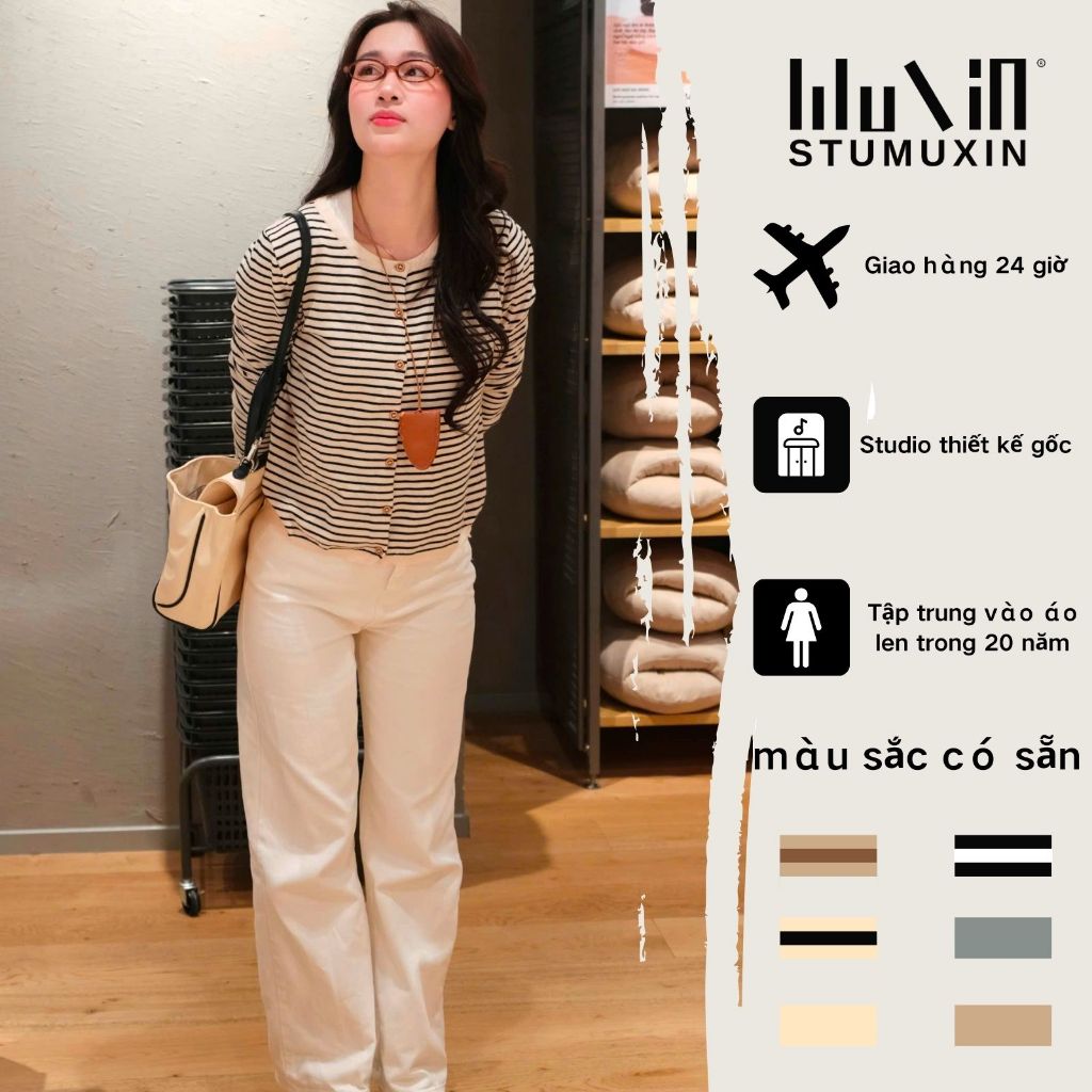MUXIN Áo len nữ sọc ngang dài tay kiểu Hàn Quốc – áo len dáng rộng basic, dễ phối, thun co giãn thoả
