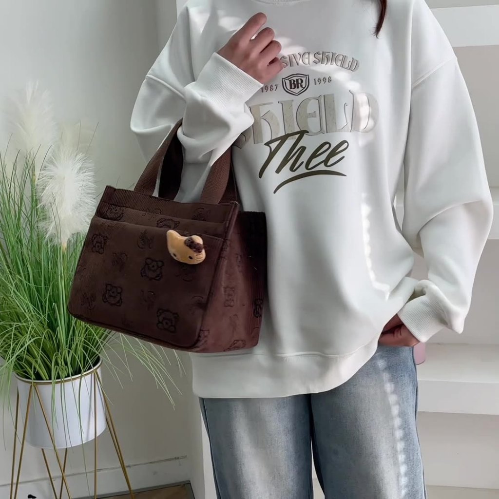 Túi Tote gấu bông dễ thương cho nữ - Túi mua sắm vải in họa tiết Kawaii thẩm mỹ