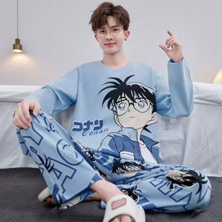 Bộ đồ ngủ nam dài tay phiên bản Hàn Quốc kẻ sọc, gồm áo và quần, phù hợp cho thời gian nghỉ ngơi thoải mái.