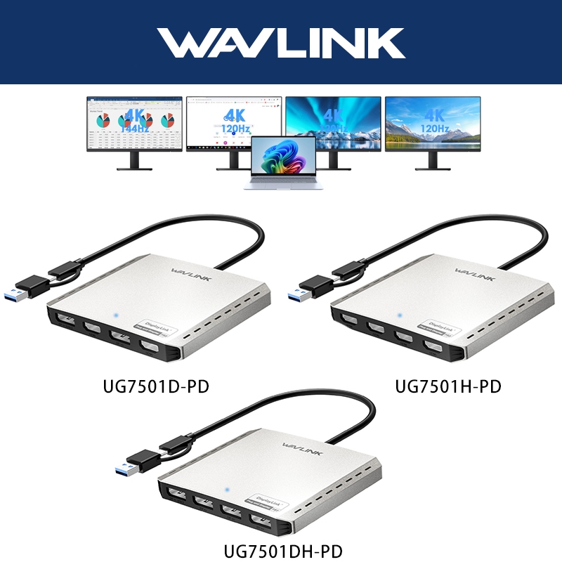 Bộ chuyển đổi màn hình đa năng WAVLINK Quad 4K DL7400 DisplayLink với 85W PD cho Intel / M1 / M2 / M