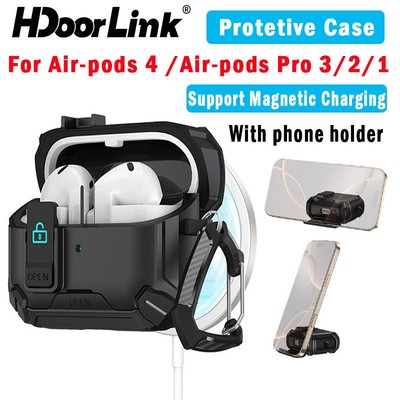 HdoorLink Cho Vỏ Khóa An Ninh Từ Tính Vỏ Chống Sốc Bảo Vệ Cho Air-pod 4 / 3 / 2 / 1 Có Chân Đế Điện Thoại