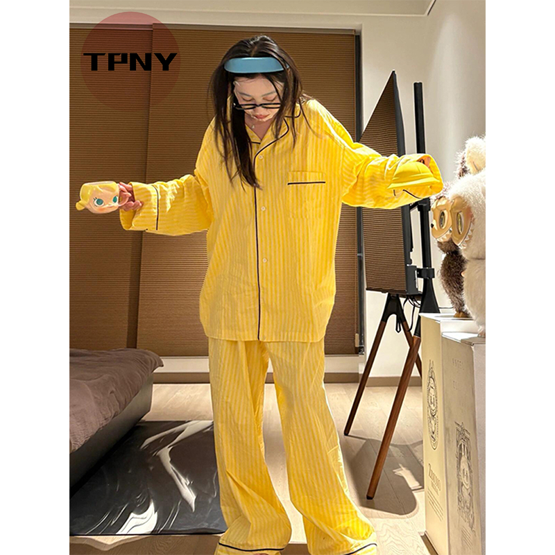 [TPNY]Bộ đồ ngủ phong cách Nhật Bản với thiết kế sọc và cardigan màu vàng kem