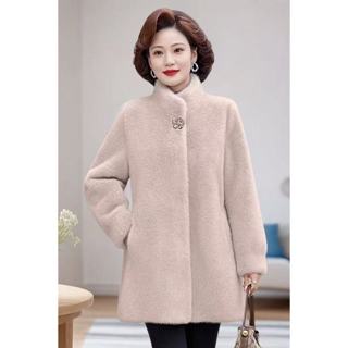  Mẹ Mặc Lông Một Mảnh Áo Len Dày Mùa Đông 2025 Phong Cách Mới Trung Niên Người Cao Tuổi Nữ Trung Dài Lông Co 