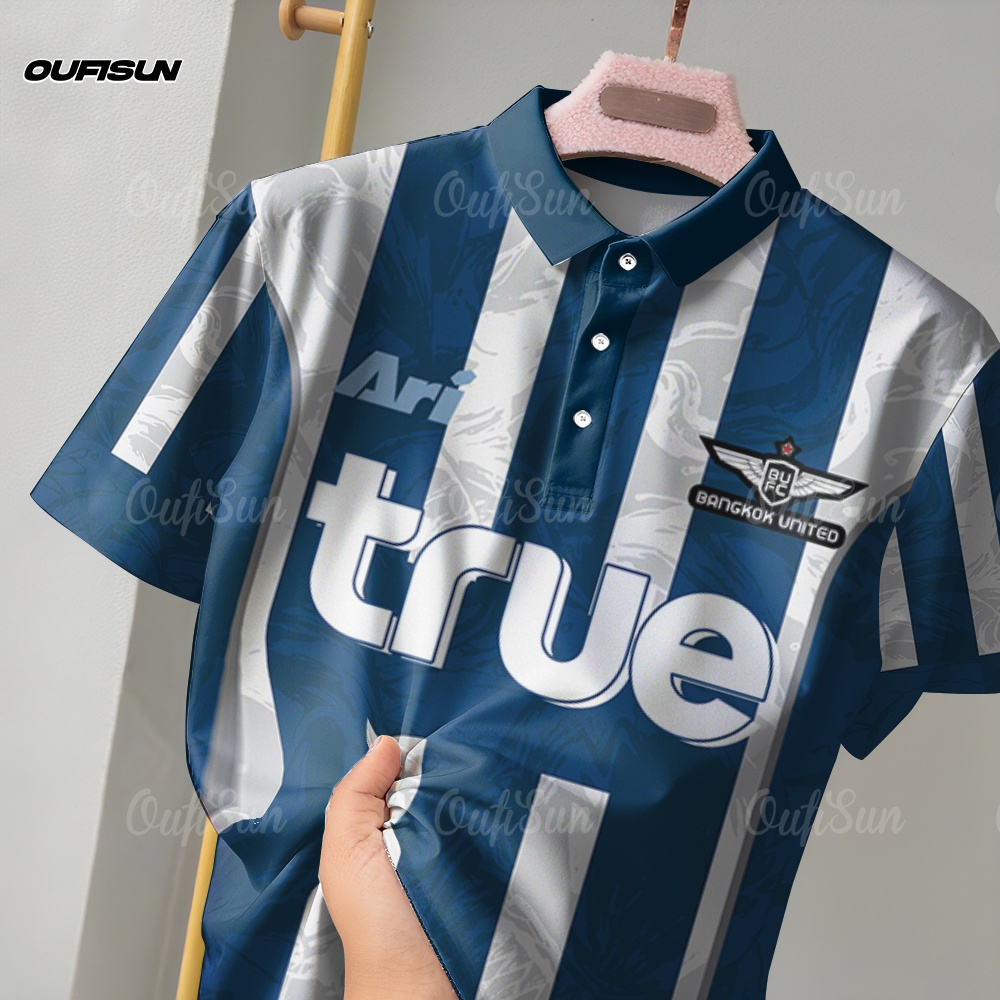 Nam Bangkok United Áo Polo 3D Thăng Hoa Xanh-Trắng Hình Học Sọc In Ari True Logo Thoải Mái Mặc Thườn