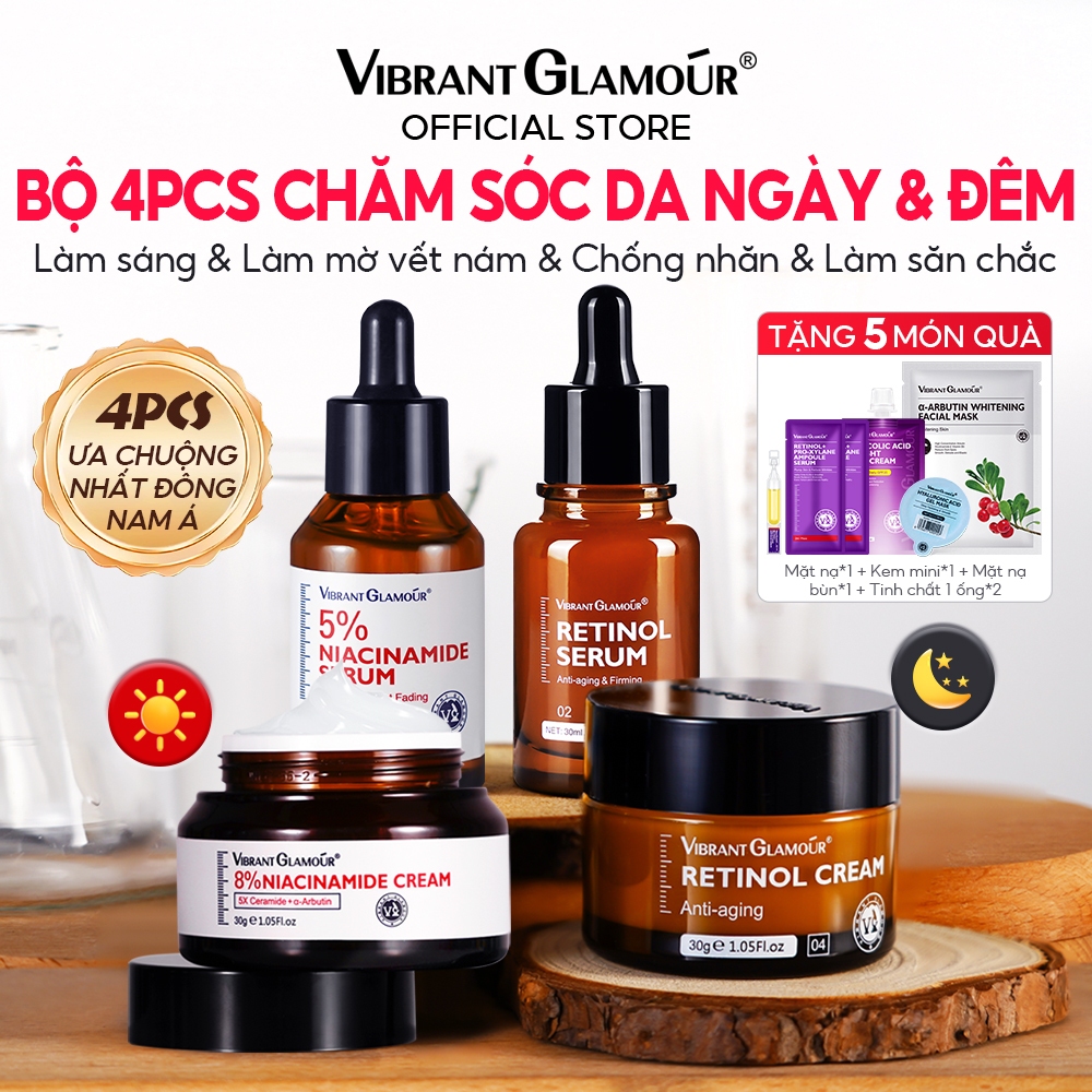 MAX Sáng C + Tối A Bộ 4 món VIBRANT GLAMOUR Ban ngày: Niacinamide + VC, mờ thâm & làm sáng da, Ban đêm: Gấp đôi Retinol, chống nhăn & chống oxy hóa