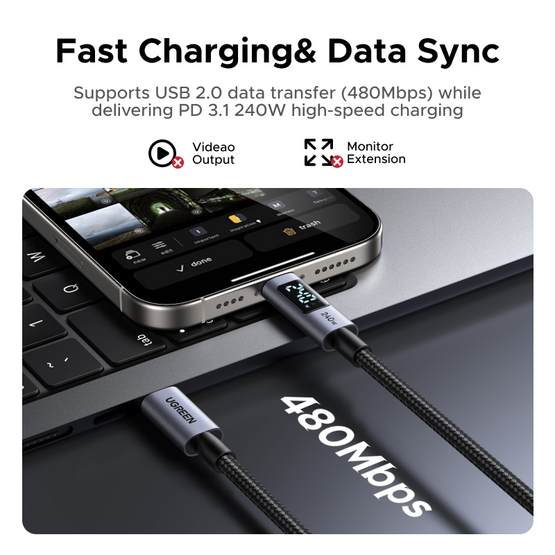 Cáp dữ liệu sạc UGREEN 240W USB 2.0 USB-C sang USB-C Cáp hiển thị kỹ thuật số bện bằng nhôm Tương thích với dòng iPhone 17 / 16 / 15 | BigBuy360 - bigbuy360.vn