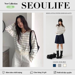  SEOULIFE | Áo Dệt Kim Dài Tay Nữ Áo Len Sọc Khối Màu Cardigan Thu Đông 2025 Nhẹ Và Thời Trang 