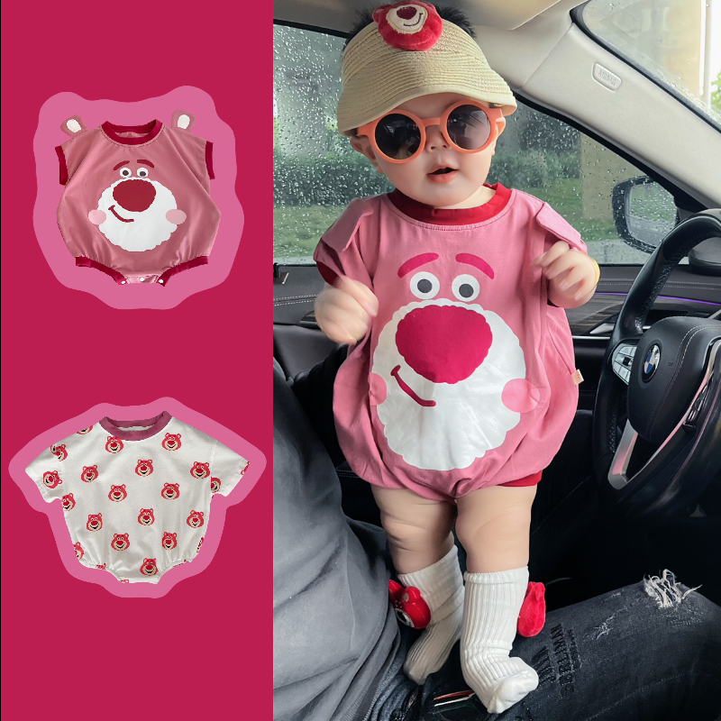 Bộ áo liền quần bé gái sơ sinh Disney dâu tây gấu dễ thương áo liền quần cotton ngắn tay cho bé