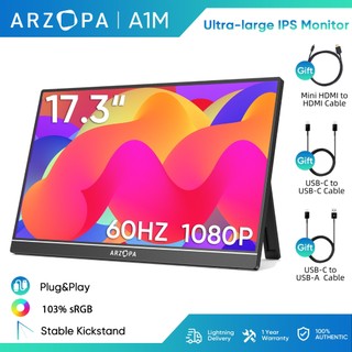  Màn hình di động ARZOPA Màn hình máy tính xách tay 17.3 '' A1M 1080P FHD HDR IPS Màn hình trò chơi HDMI USB C Màn hình bên ngoài chăm sóc mắt với loa kép cho Xbox PS4 Switch Điện thoại PC 