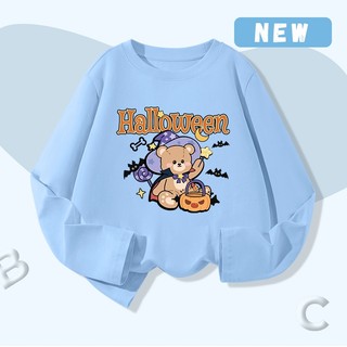 HKAM Áo thun Bé Gái 100% Cotton thời trang giản dị Áo thun dài tay mềm mại thoải mái, in hình gấu Halloween