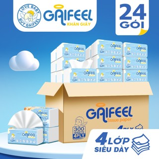  GAIFEEL Khăn giấy 24 gói khăn ăn 300 tờ 4 lớp lượng cao giấy vệ sinh mềm và dày làm từ bột gỗ nguyên 