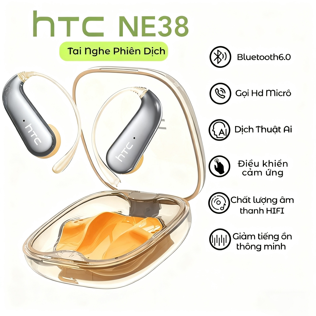 Tai nghe Bluetooth HTC NE38 AI hỗ trợ 134 ngôn ngữ, đi kèm hộp sạc trong suốt và micrô chống nước cấp IPX5. | BigBuy360 - bigbuy360.vn