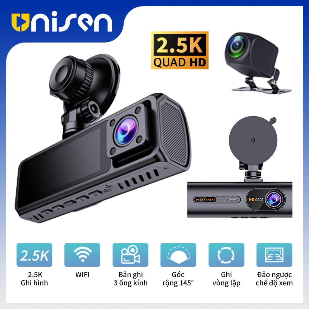 Unisen F5 Camera hành trình ô tô Ghi hình ba camera HD 1440P WiFi GPS Giám sát đỗ xe 24 giờ