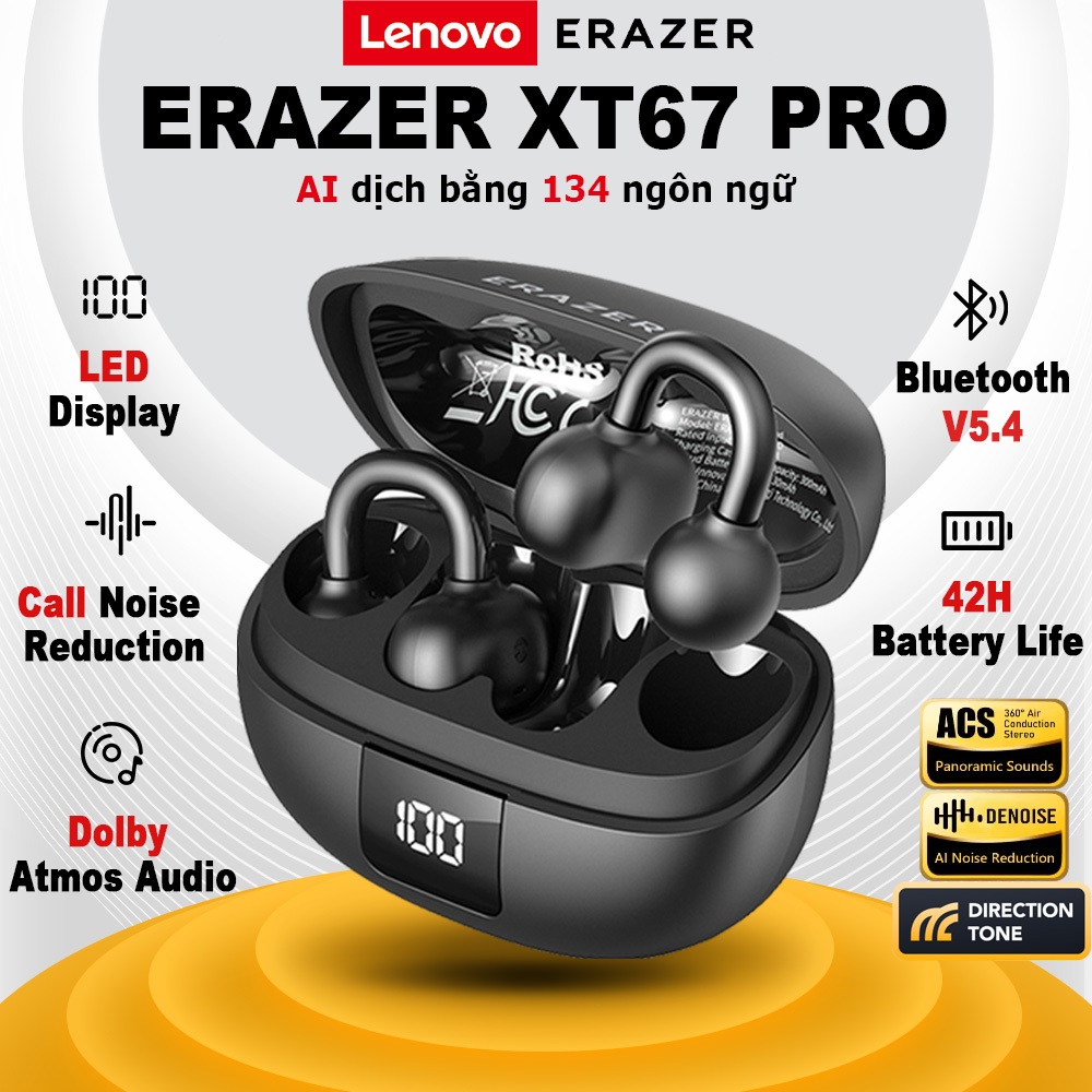 Tai nghe dịch thuật Lenovo ERAZER XT67 PRO AI Phiên bản nâng cấp Kẹp tai Tai nghe Bluetooth 360°Tai nghe không dây âm nhạc ACS HIFI Tai nghe thể thao chống nước | BigBuy360 - bigbuy360.vn