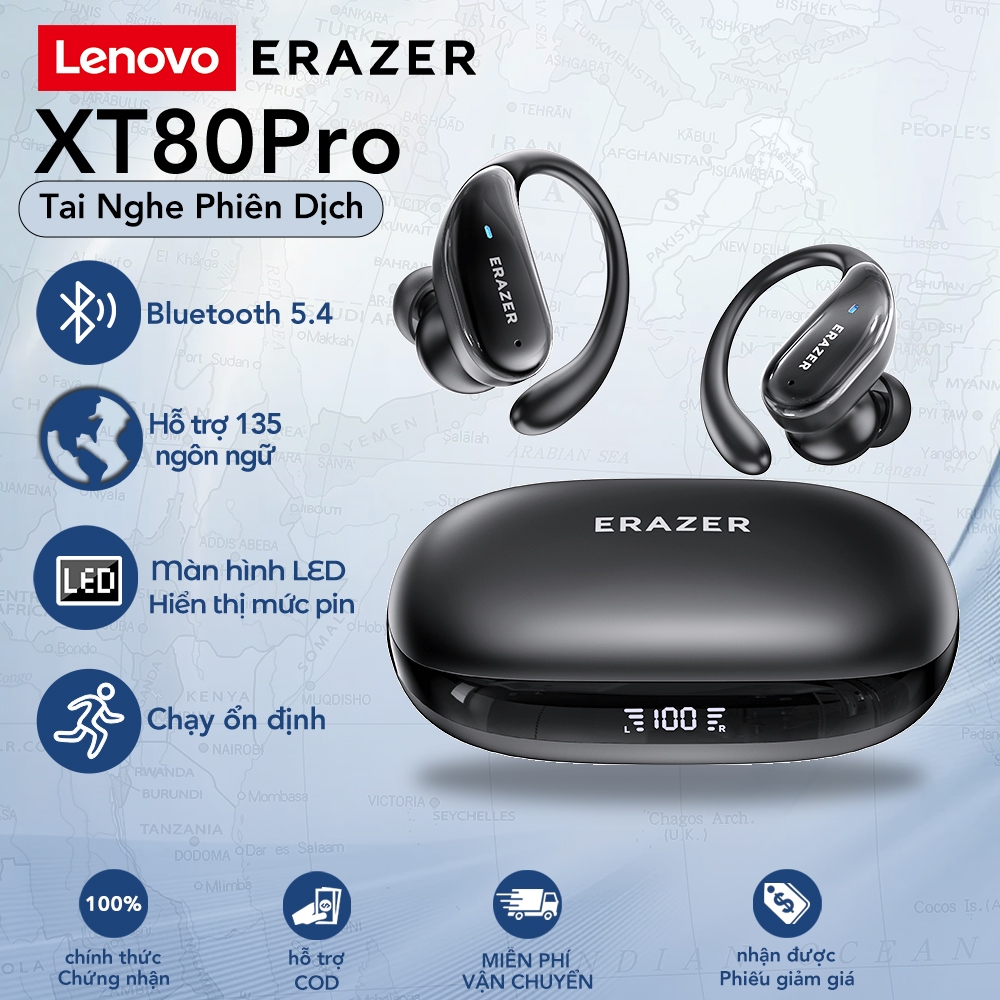 Lenovo ERAZER XT80 Pro Tai Nghe Phiên Dịch Thể Thao Phiên Dịch AI Thông Minh Bluetooth 5.4 TWS Âm Thanh HIFI  Micro Khử Ồn ANC  Chống Nước, Đèn LED Thiết Kế Độ Trễ Thấp