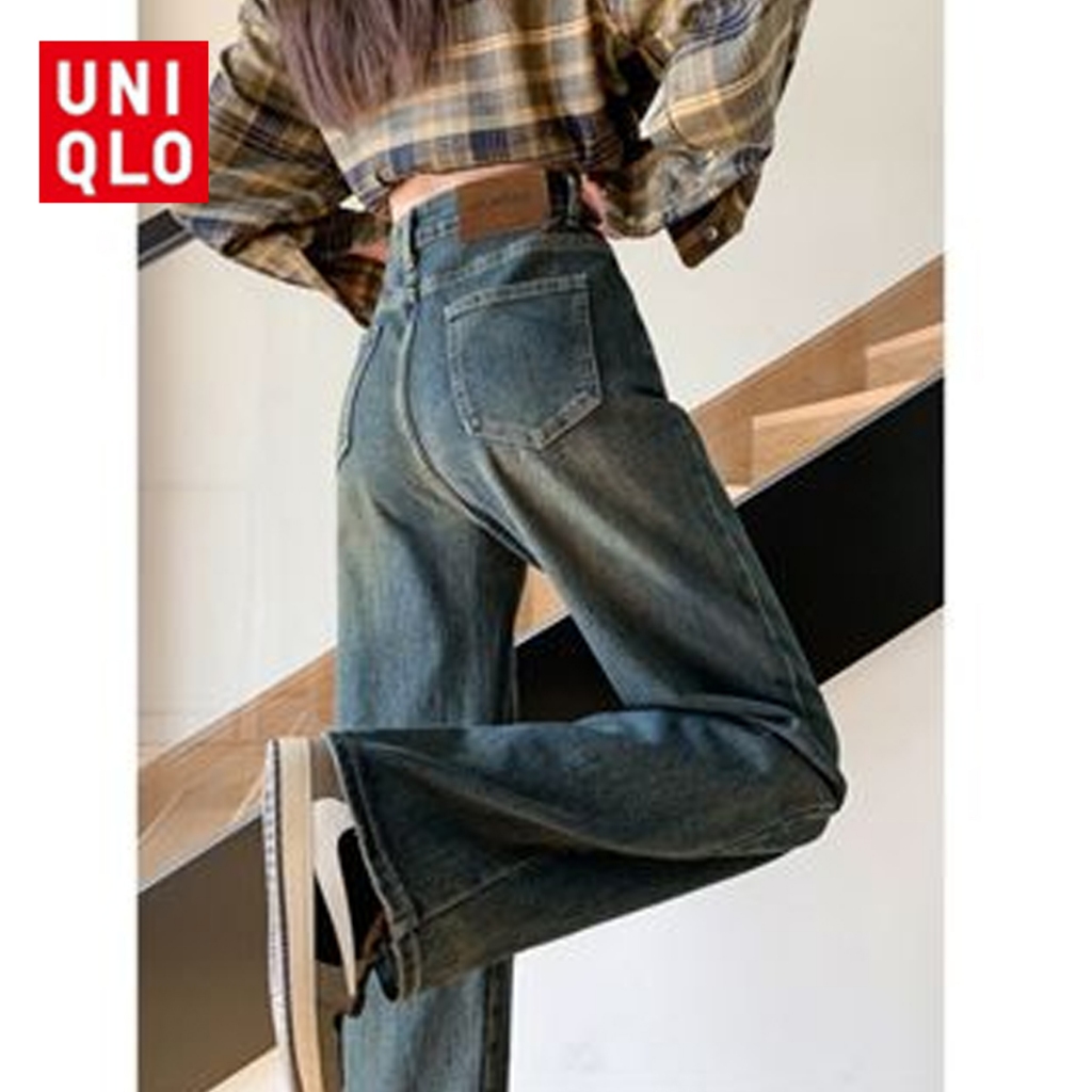 UNIQLO Thắt lưng cao, đùi, cổ điển, quần jean cỡ lớn, quần jean cổ điển