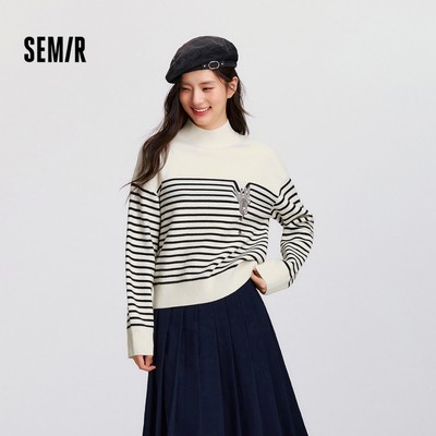 Áo len nữ Semir mùa đông, nửa cổ cao, thiết kế thêu sọc dệt kim