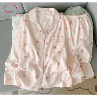  QHST Bộ Đồ Ngủ Nữ Mây Cotton Nơ Hồng Quần Dài Tay Nhập Khẩu 