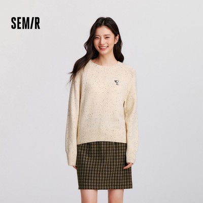 Áo len nữ Semir mùa đông, len pha trộn màu chấm bi, thiết kế raglan tay thêu cổ tròn nhẹ nhàng