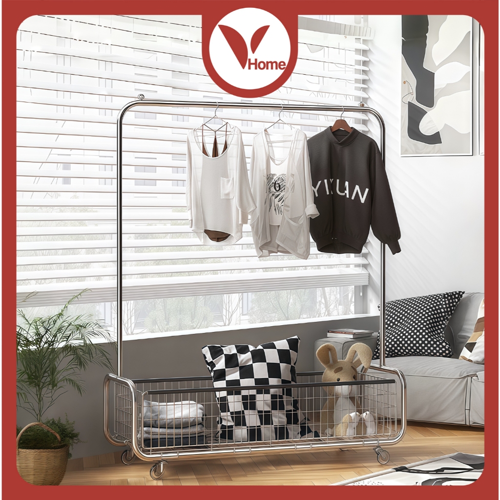 Móc treo kim loại Vhome có giỏ có bánh xe Tiện lợi mạnh mẽ