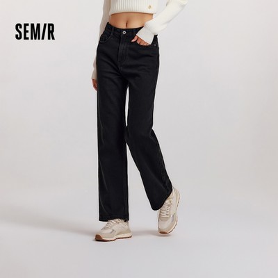 Semir Quần jean nữ mùa đông với chất liệu lông cừu tự nhiên, thiết kế ống rộng và lót rời