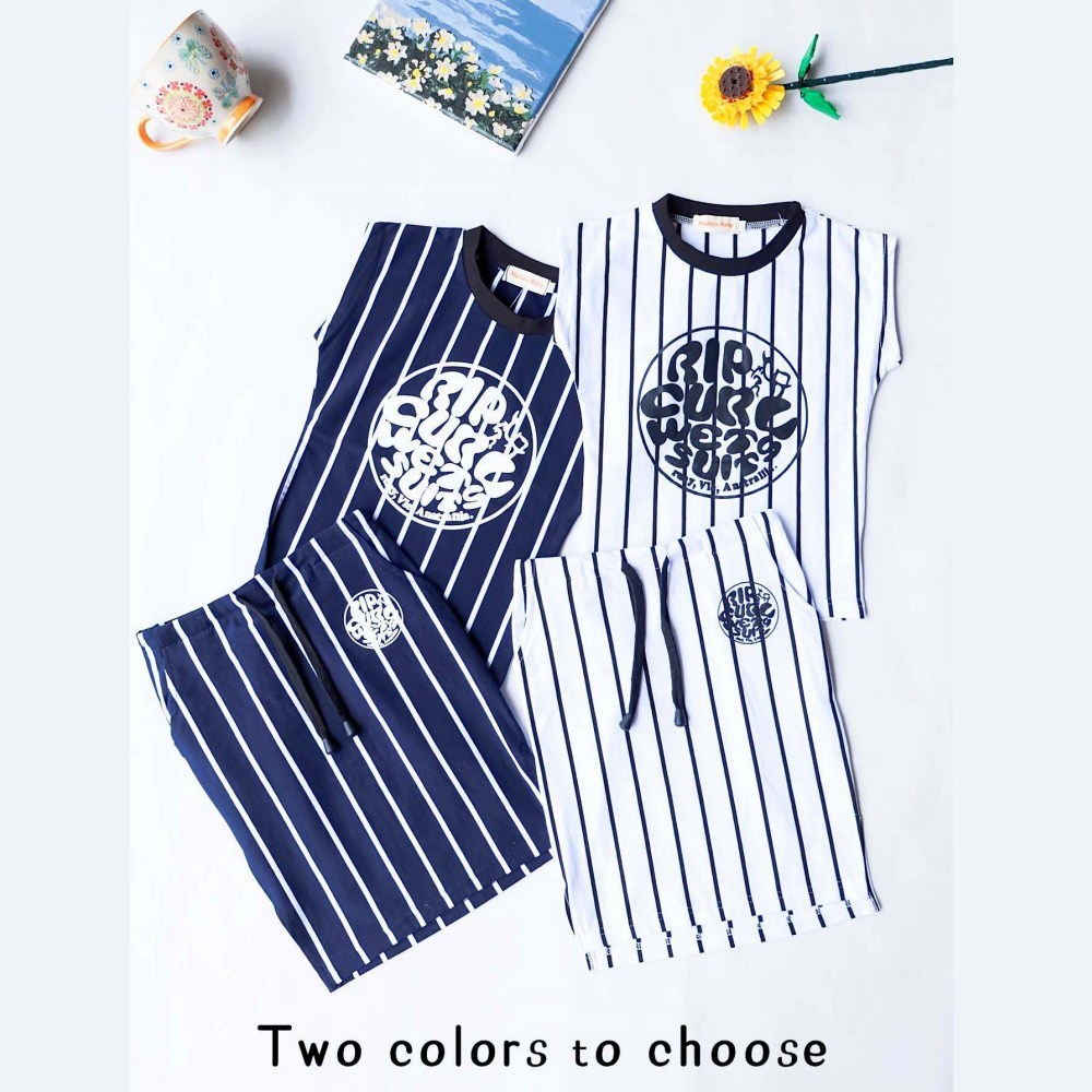 MALAYU BABY 2-7Year Bé Gái Quần Áo Đầm Phù Hợp Với Mùa Hè Mới Sọc Chữ Cái Áo Thun Không Tay Túi Hông