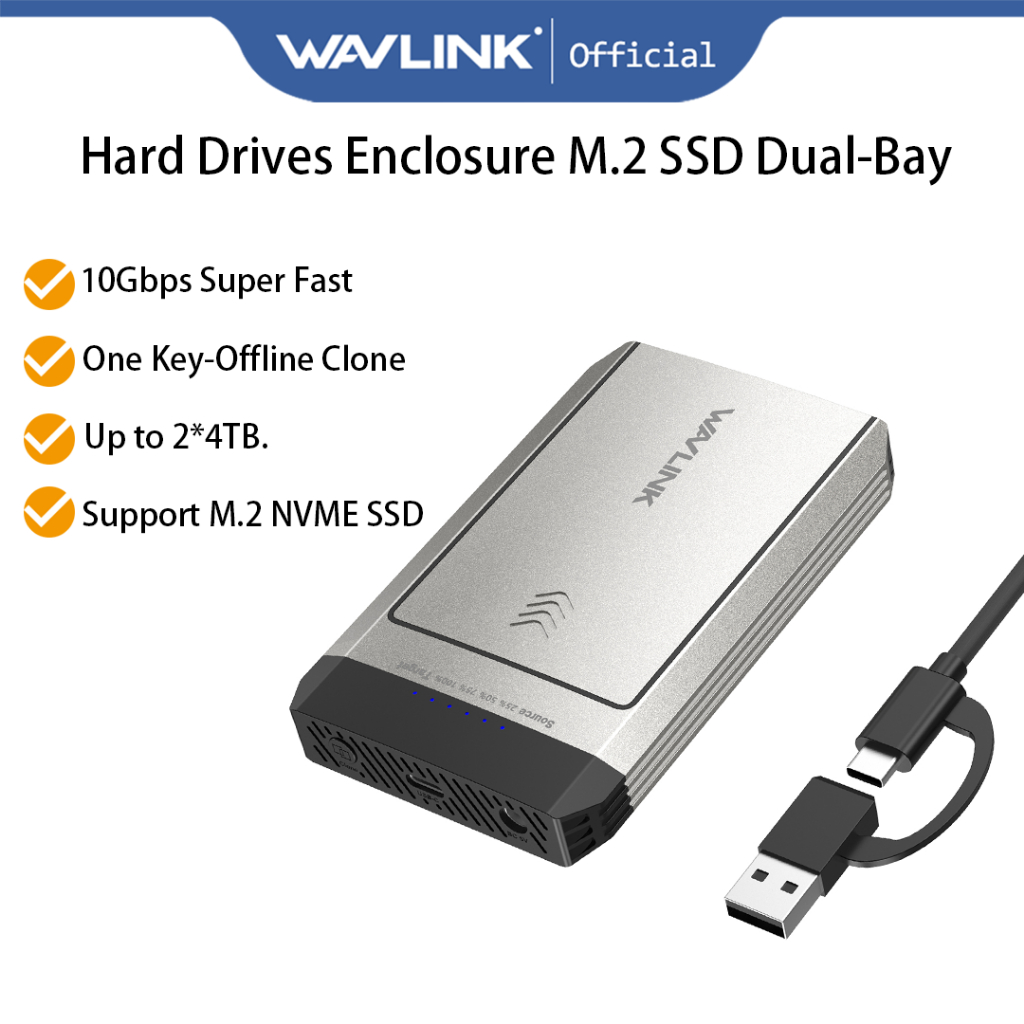 Ổ cứng WAVLINK Vỏ M.2 SSD Dual-Bay Duplicator Tương thích với NVMe One Click Offline Clone 10Gbps US