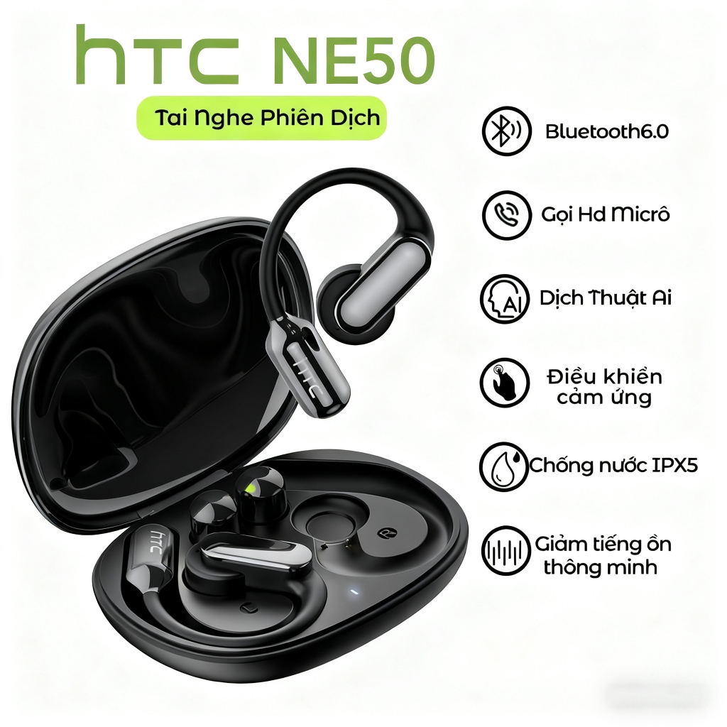 Tai nghe dịch thuật HTC NE50 AI Tai nghe Bluetooth 6.0 không dây Hoạt động cảm ứng Tuổi thọ pin dài Cuộc gọi HD có micrô | BigBuy360 - bigbuy360.vn