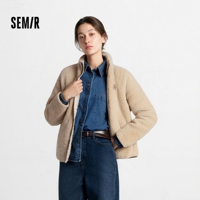 Semir Áo Khoác Ngoài Nữ Mùa Đông 2025 Phong Cách San Hô và Lông Cừu Raglan, Thiết Kế Tay Rời Cổ Thêu, Nhẹ Nhàng Thời Trang